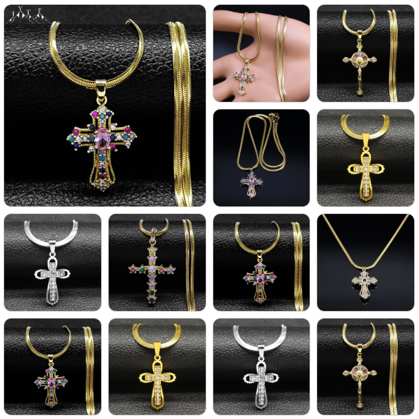 Collection of gold, silver, and cross-themed jewelry on a black background