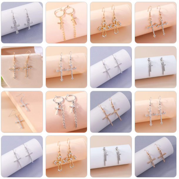 Collage of cross-shaped earrings on white and light blue background