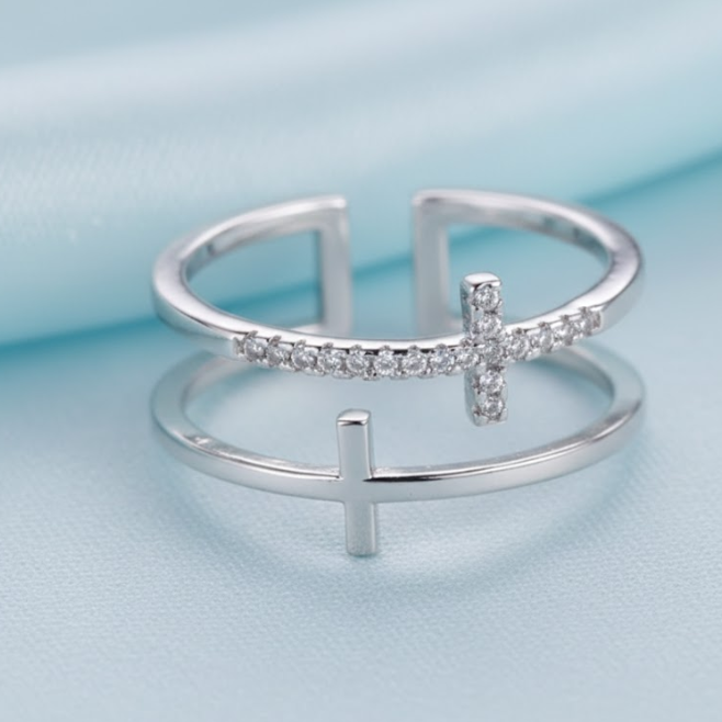 Silver double band open ring with cross designs, sound charged