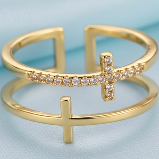 Gold double band open ring with cross designs, sound charged