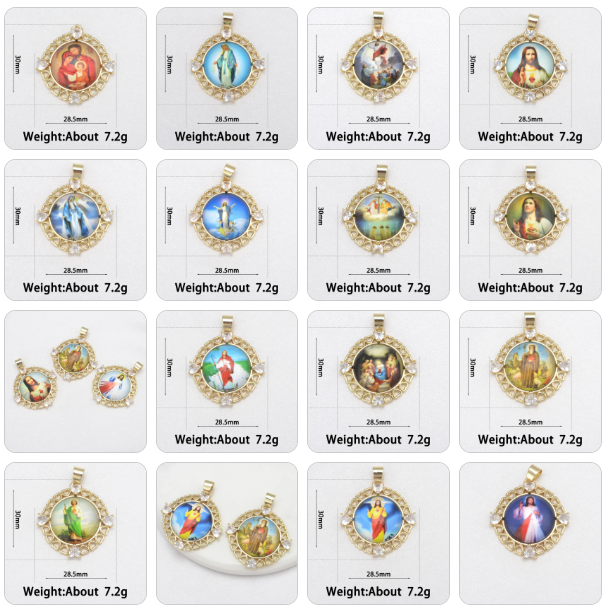 Multiple gold pendants with religious figures on a white background