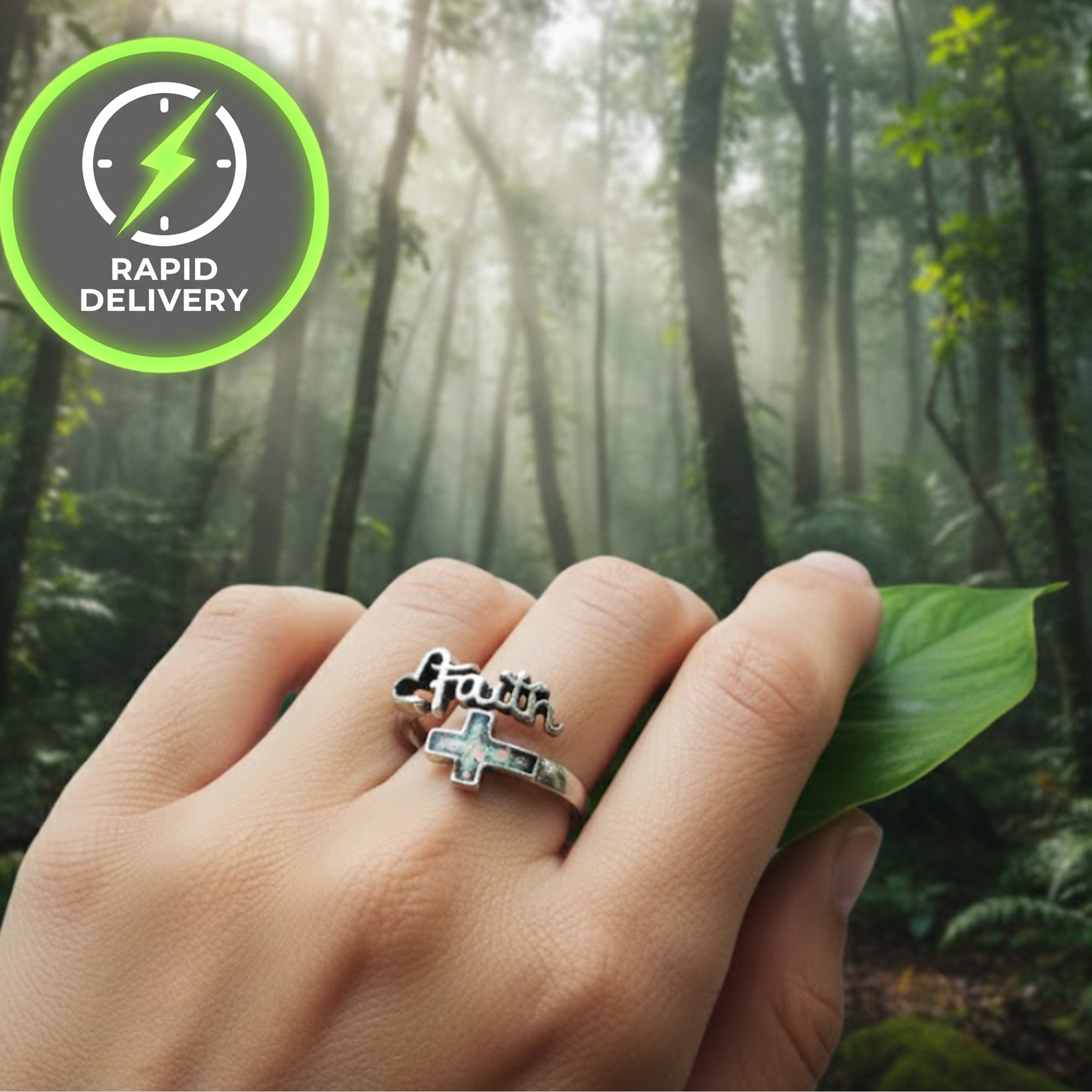 Silver ring with a cross, faith and heart design, sound-charged. Forest background, featuring a 'Rapid Delivery' logo.