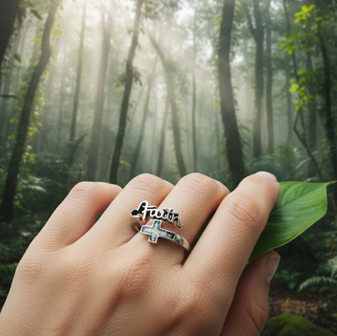 Silver ring with a cross, faith and heart design, sound-charged. with a leaf in a forest setting