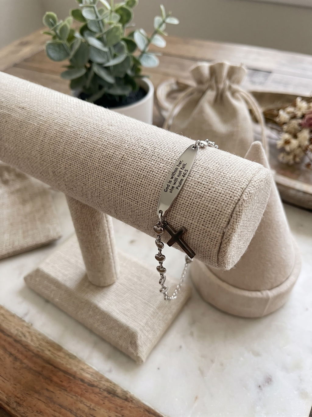 "God is Within Her" Psalm 46:5 Engraved Cross Bracelet