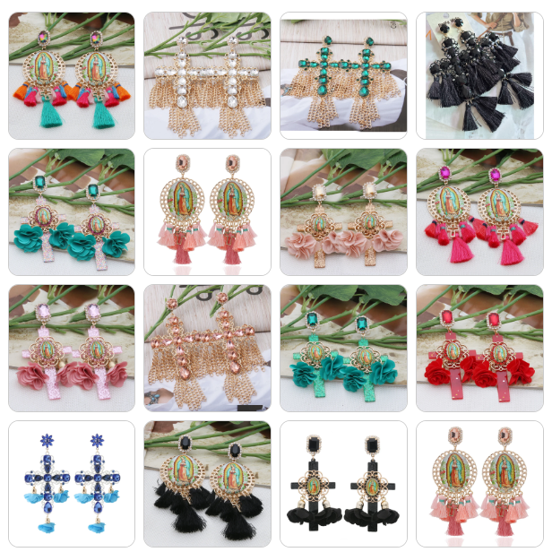Collage of various pairs of earrings with different designs and colors.