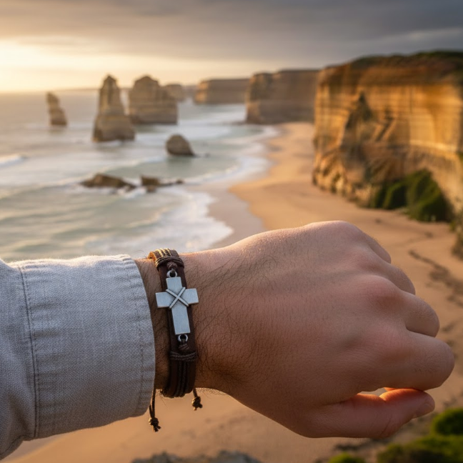 Brown leather bracelet with a silver cross pendant, sound-charged, against a scenic ocean backdrop
