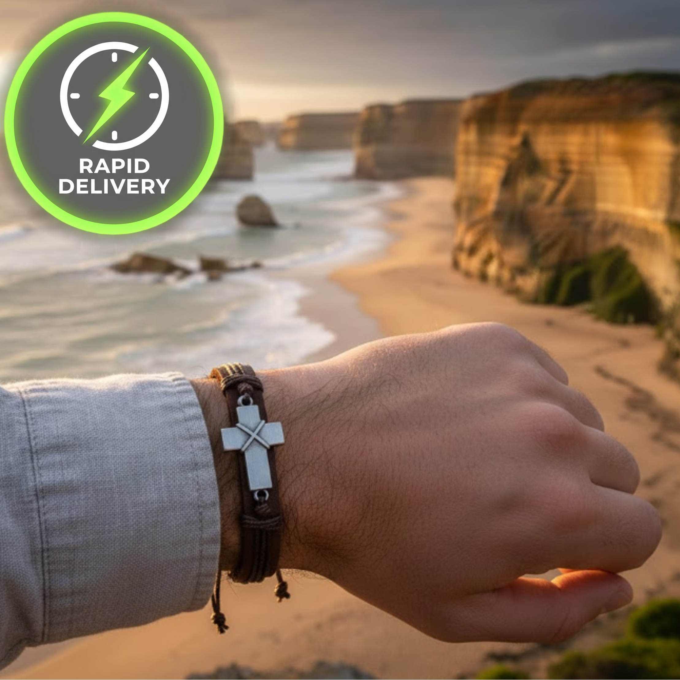 Hand wearing a brown leather bracelet with a silver cross pendant, sound-charged with a scenic beach and cliffs in the background, featuring a 'Rapid Delivery' logo.