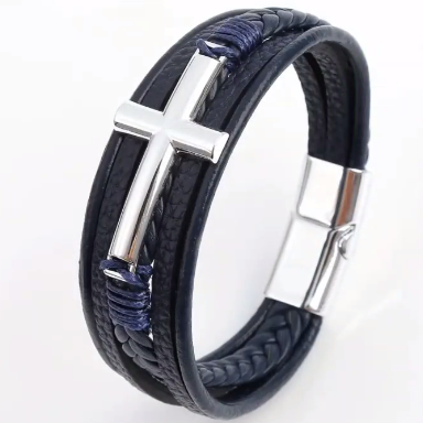 Blue leather bracelet with silver cross charm, sound charged
