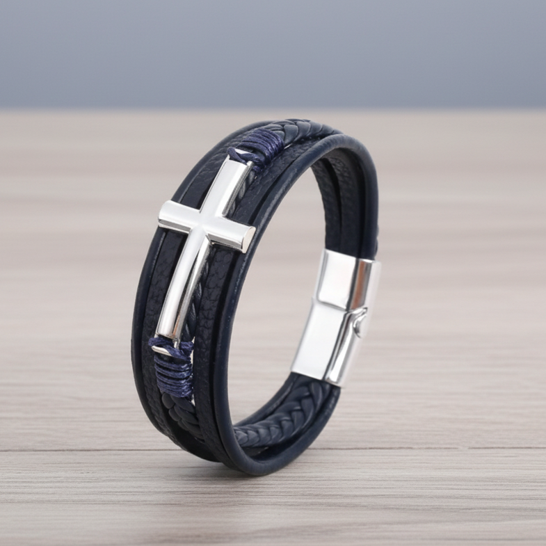 Blue leather bracelet with silver cross charm, sound charged