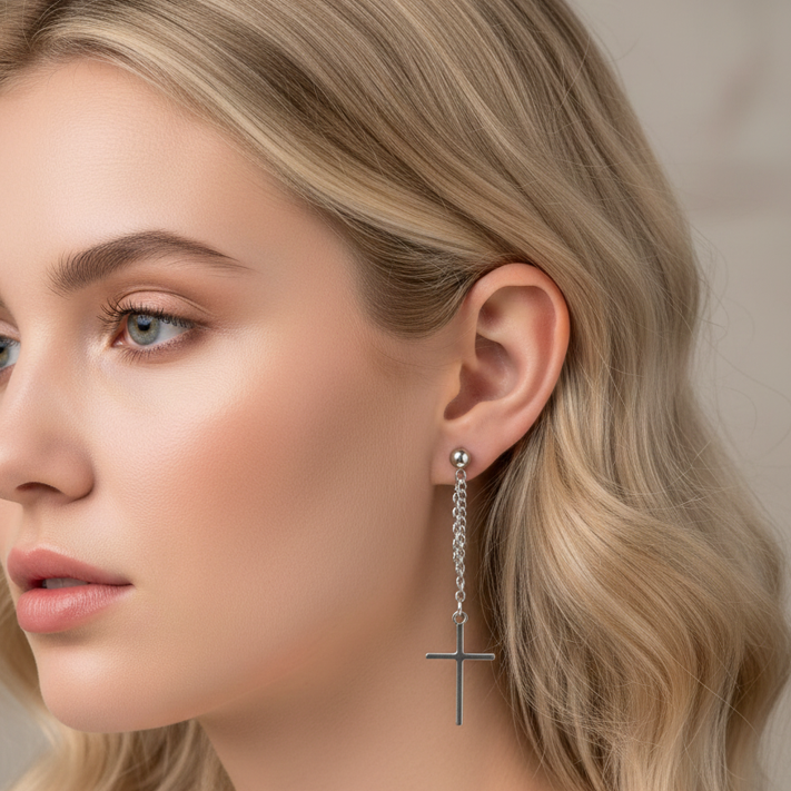 Close-up of a woman wearing a silver earring with a cross detail.