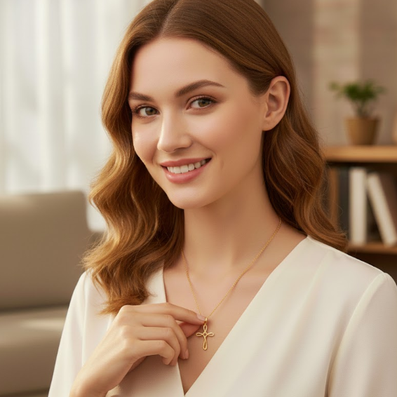 Gold colour cross necklace, sound charged - Woman wearing a gold necklace with a cross pendant in a cozy indoor setting