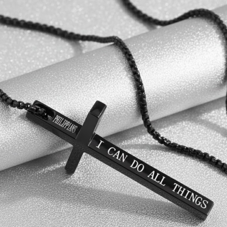 Strength Embodied matte black stainless steel cross necklace for men, engraved with the motivational scripture 'I CAN DO ALL THINGS - PHILIPPIANS'. Durable 5.1cm spiritual Jewellery on a 60cm chain, featuring a 'Rapid Delivery' badge, Australia, RuHa Spirit