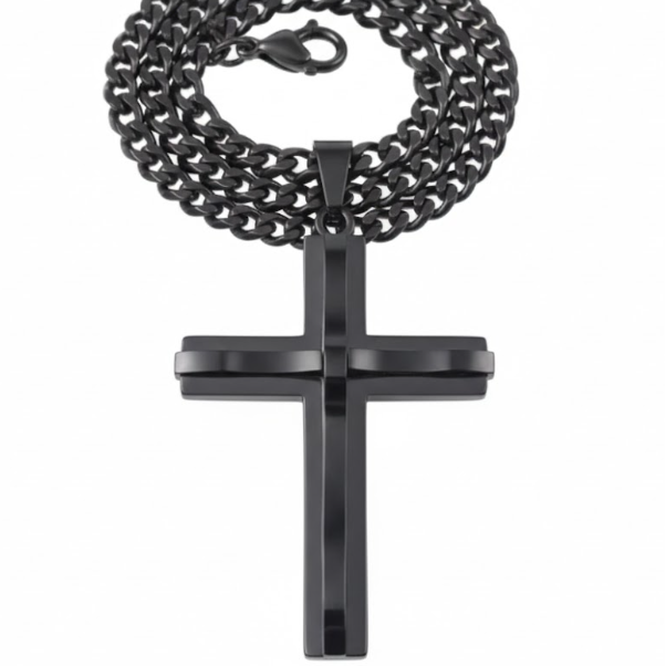 Studio photo of the Bold Vow Classic Black Stainless Steel Cross Necklace, a chunky, 55mm black pendant on a matching chain. Durable and masculine faith Jewellery for men.