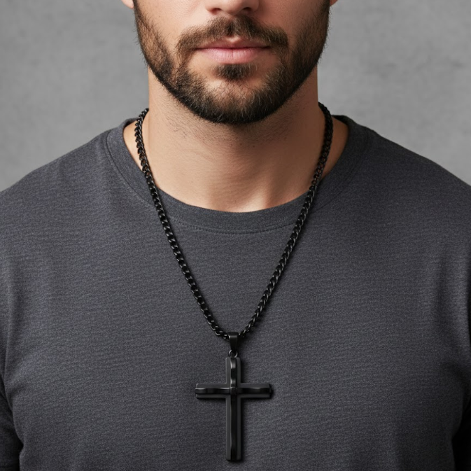 Man wearing a black cross pendant on a black chain, Studio photo of the Bold Vow Classic Black Stainless Steel Cross Necklace, a chunky, 55mm black pendant on a matching chain. Durable and masculine faith Jewellery for men, sound-charged, Australia, RuHa Spirit.