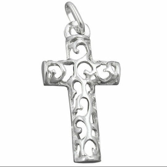 Silver cross pendant on a white background