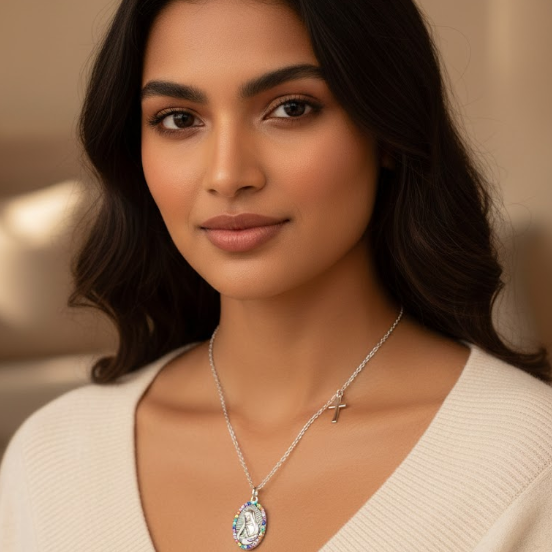 Woman wearing a necklace with a pendant against a neutral background