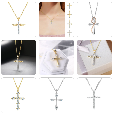 Collage of various cross necklaces in different styles and colors.