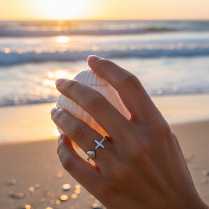 Close-up of the Trilogy of Grace Silver Heart Cross Ring, an adjustable stainless steel open-wrap ring featuring a heart symbol and a cross accented with zirconia crystals. Symbolic Christian Jewellery representing Faith, Love, and Hope, sound-charged with a 'Rapid Delivery' logo overlay, Australia, RuHa Spirit.