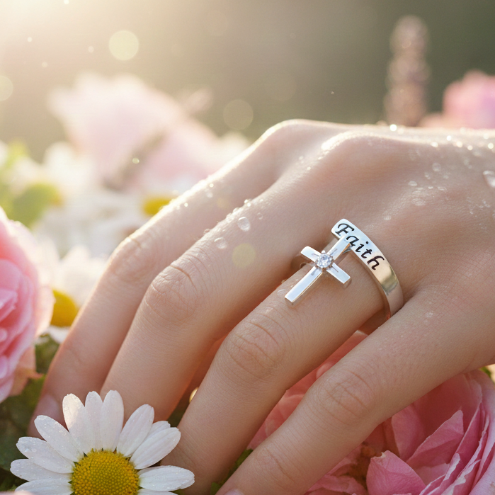 Close-up of the Eternal Focus Silver Faith Scripture Cross Ring, an adjustable stainless steel open-wrap ring inscribed with 'Faith' and set with a central Cubic Zirconia stone. Minimalist spiritual Jewellery, sound-charged, Australia, RuHa Spirit