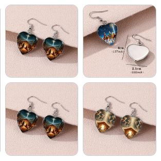 Heart-shaped earrings with a scenic design on a beige background