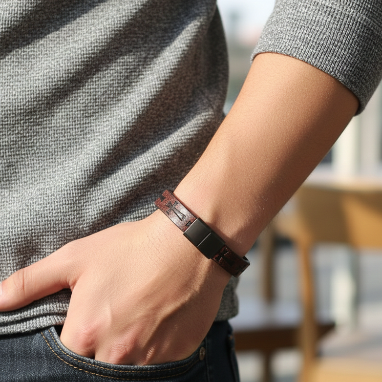 Person wearing a brown leather bracelet on a blurred indoor background