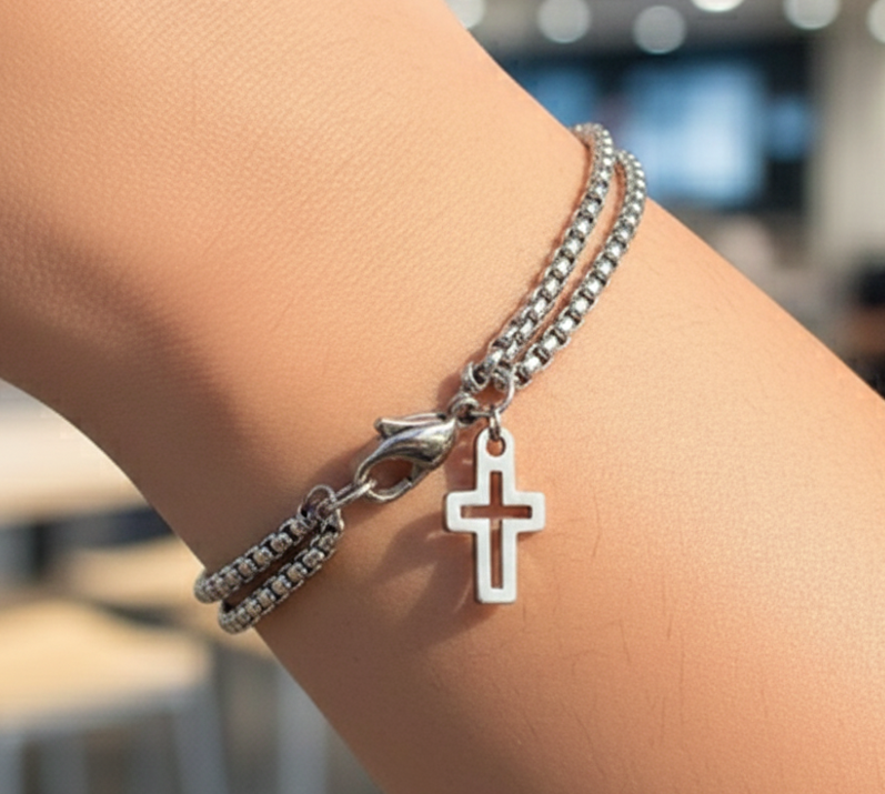 Dual Edge: Double Chain Cross Hollow Charm Bracelet – Stainless Steel