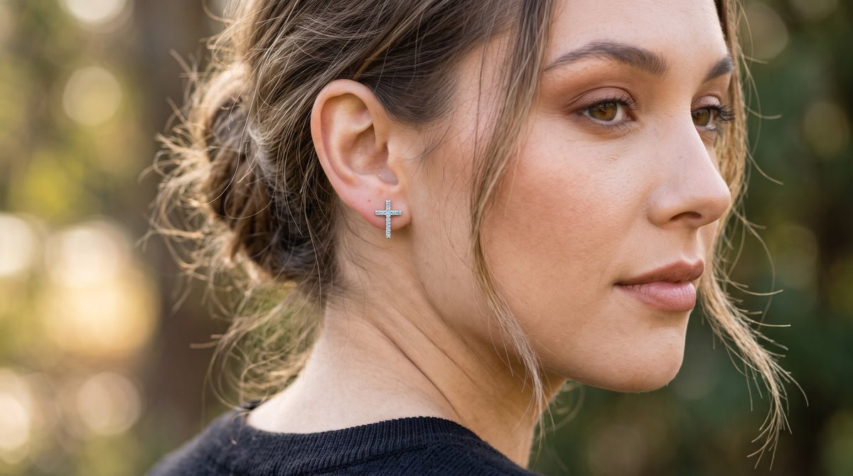 Turquoise & Silver Cross Stud Earrings