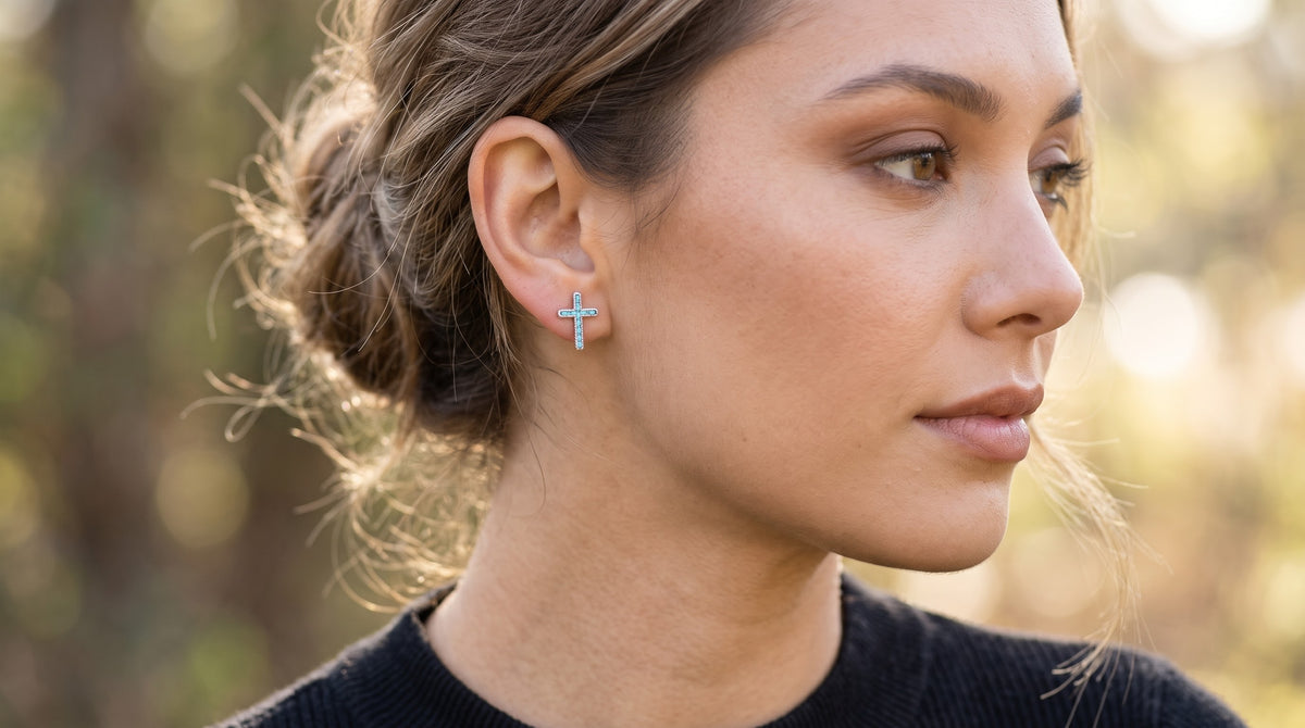Turquoise & Silver Cross Stud Earrings