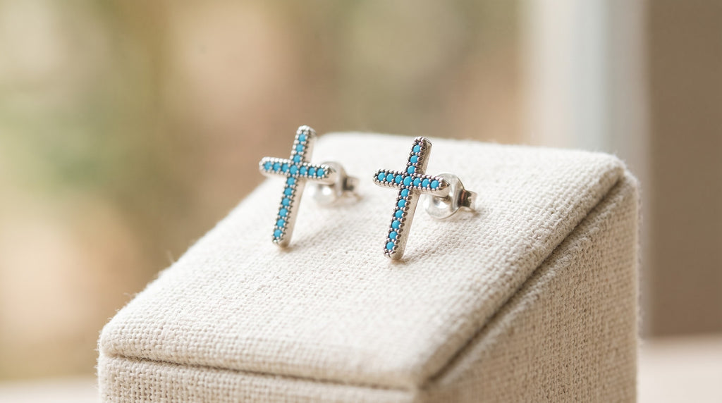 Turquoise & Silver Cross Stud Earrings