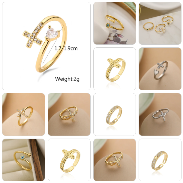 Collage of gold and silver rings with various designs on a beige background.