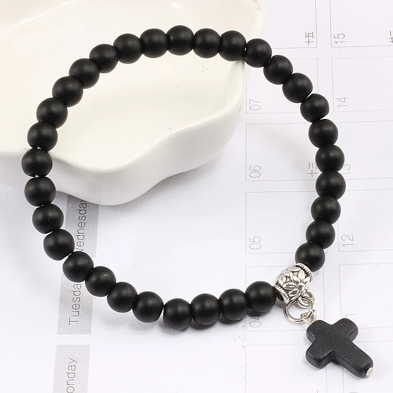 Earthy Vibes: Vintage Cross Natural Stone Beaded Bracelet
