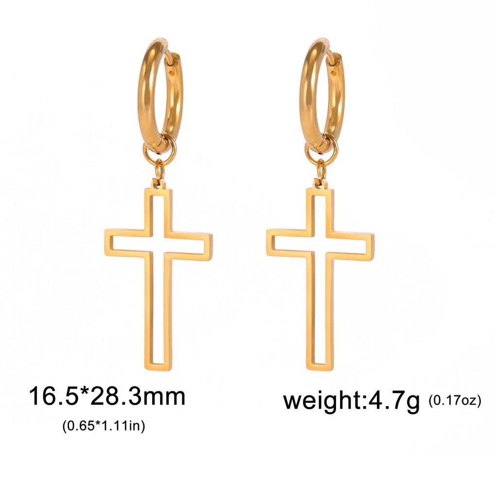 Gold cross earrings with measurements and weight on a white background