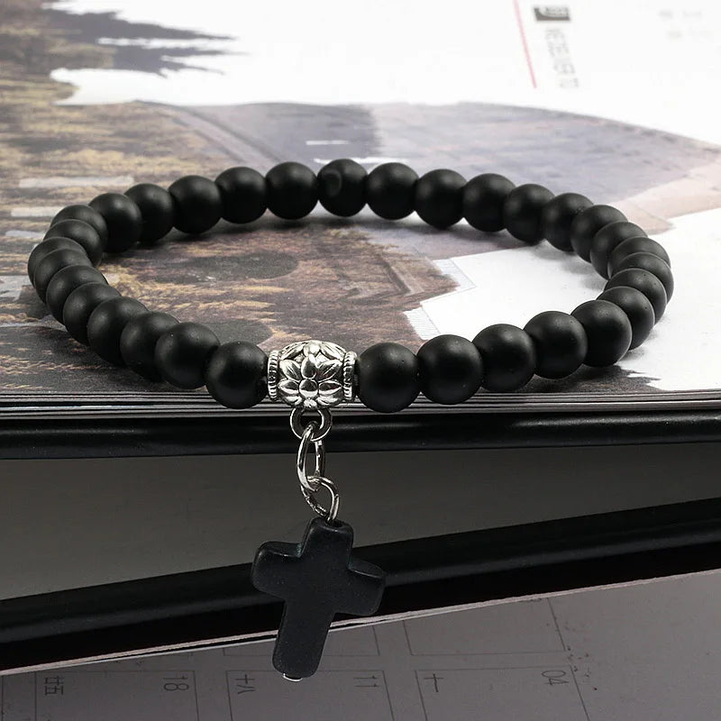 Earthy Vibes: Vintage Cross Natural Stone Beaded Bracelet