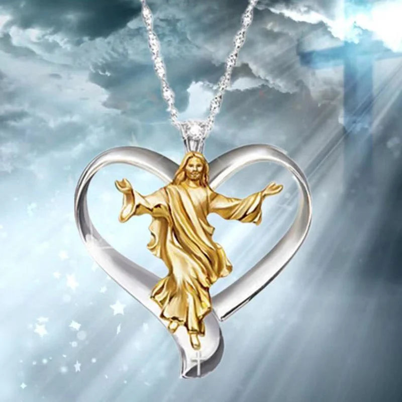 Gold pendant of a religious figure in a heart-shaped frame with a blue and white background