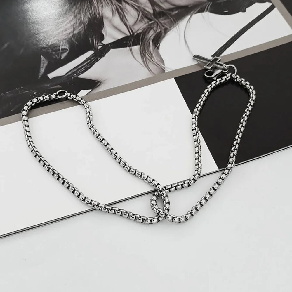 Dual Edge: Double Chain Cross Hollow Charm Bracelet – Stainless Steel
