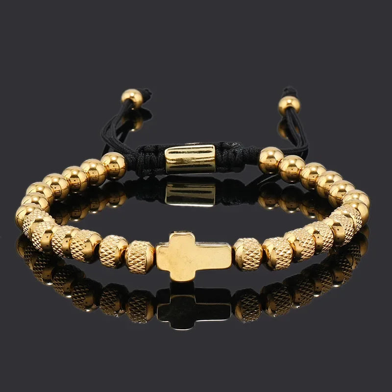 Built Tough: Gold or Silver Tone Cross Charm Bracelet – Stainless Steel Beaded Design