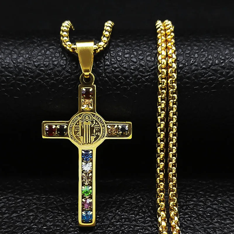 Gold cross pendant with colorful stones on a gold chain