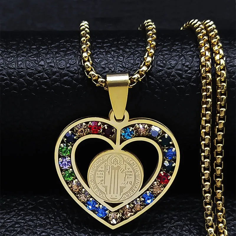 Gold heart-shaped pendant with colourful stones 