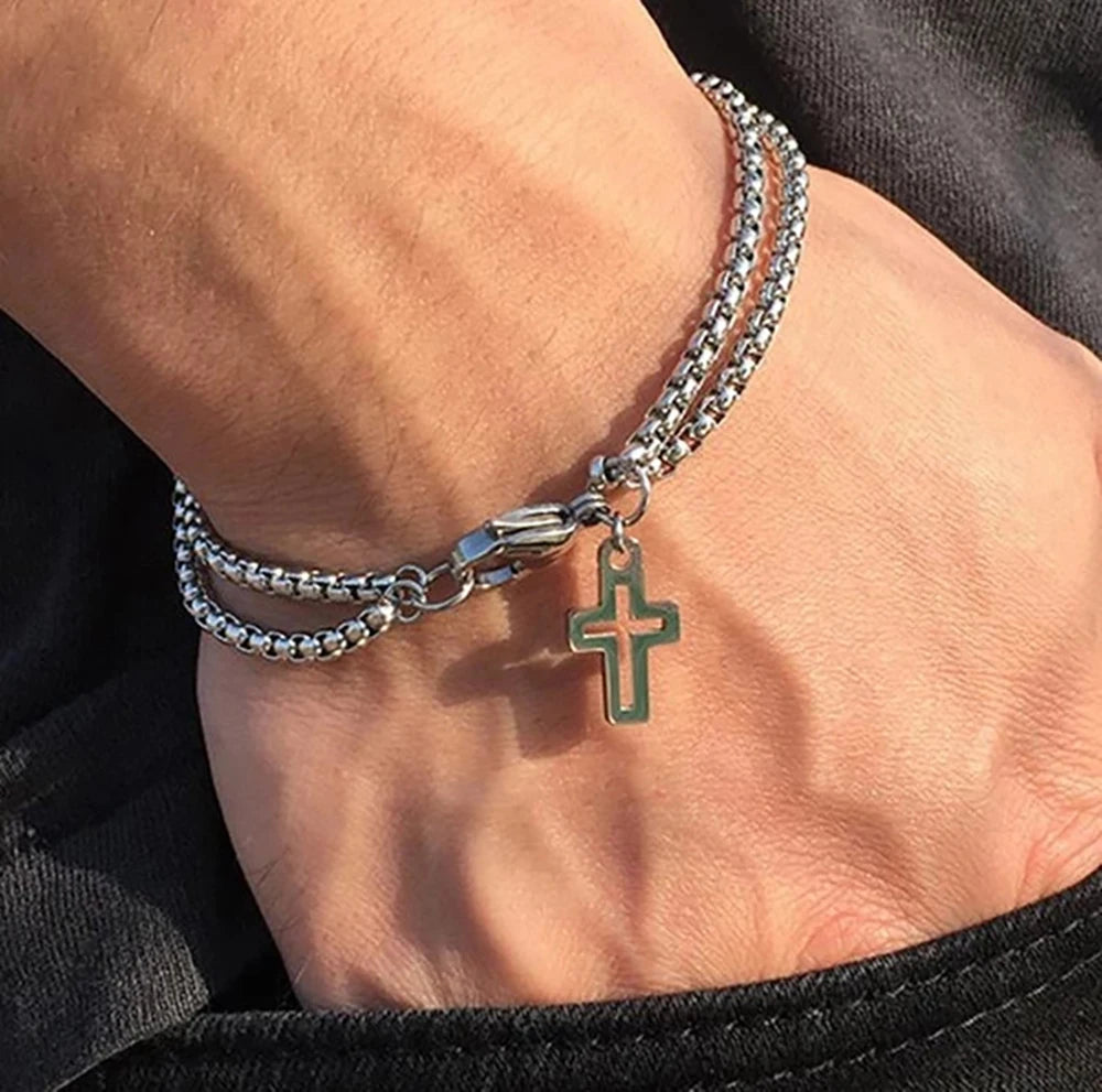 Dual Edge: Double Chain Cross Hollow Charm Bracelet – Stainless Steel