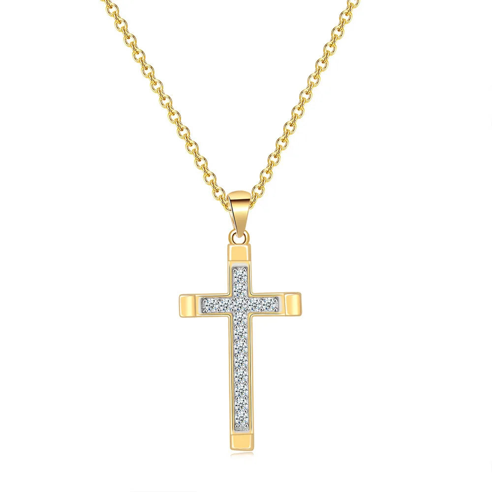 Gold cross necklace with embedded stones on a white background