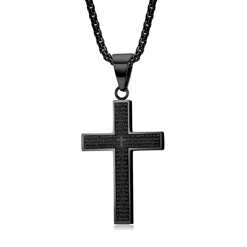 Black cross pendant necklace on a white background