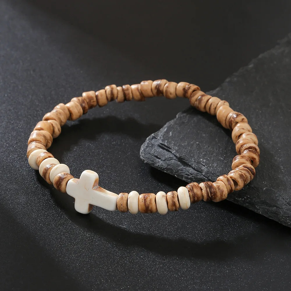 Bohemian Spirit: Handmade Coconut Shell &amp; Wood Cross Bracelet