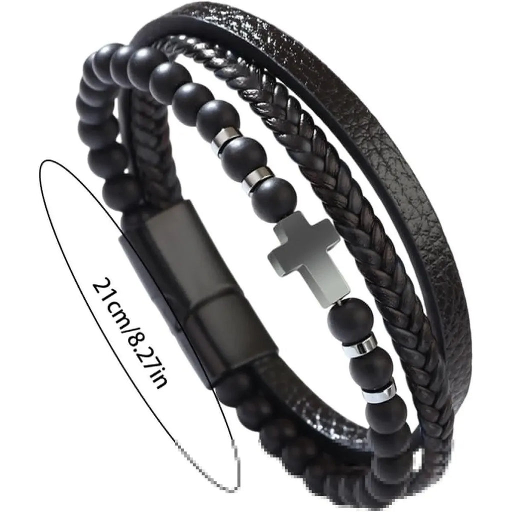 Textured Strength: Multi-Strand Woven Leather Cross Cuff Bracelet