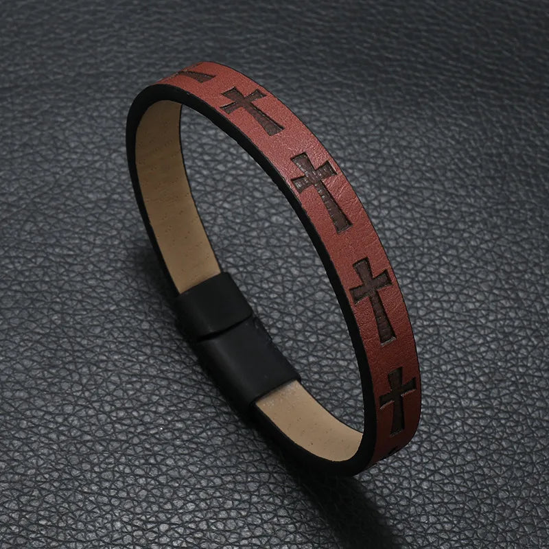 Edgy & Easy: Cross Carved Leather Bracelet with Detachable Magnet Buckle