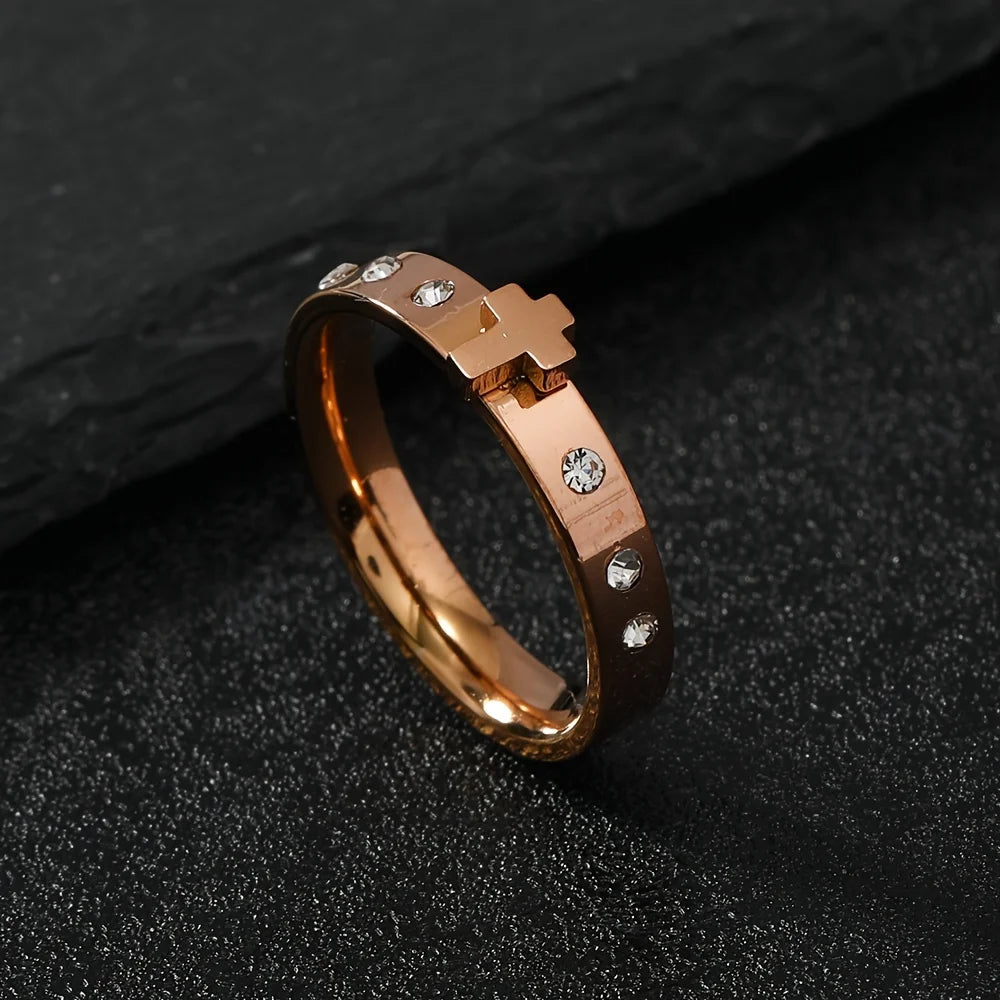 Eternal Sparkle: Inlaid Zircon Cross Band Ring –  Stainless Steel
