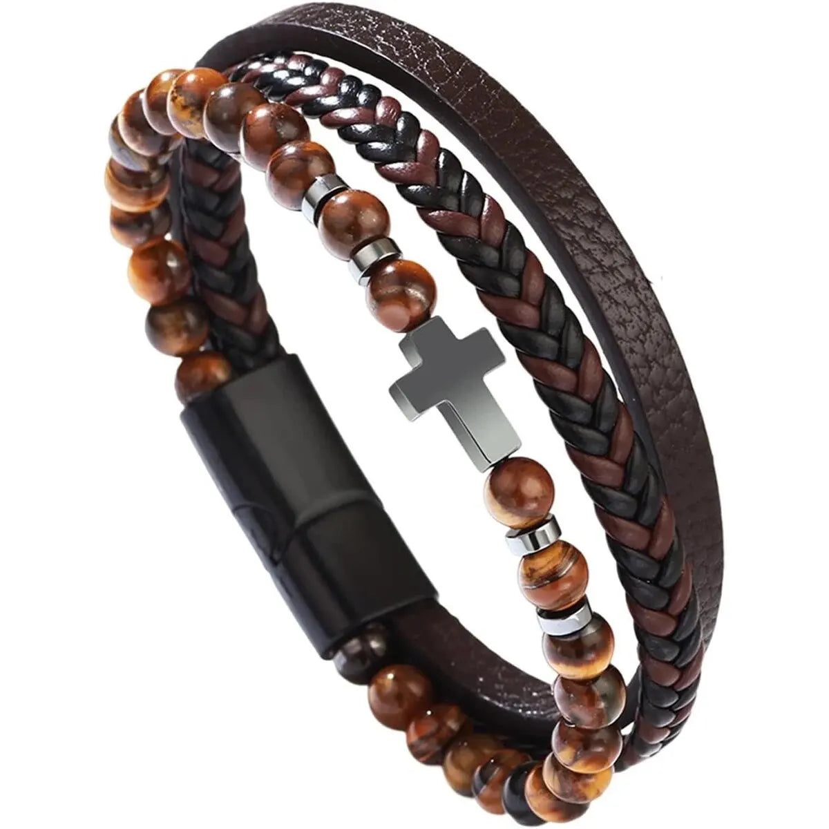 Textured Strength: Multi-Strand Woven Leather Cross Cuff Bracelet