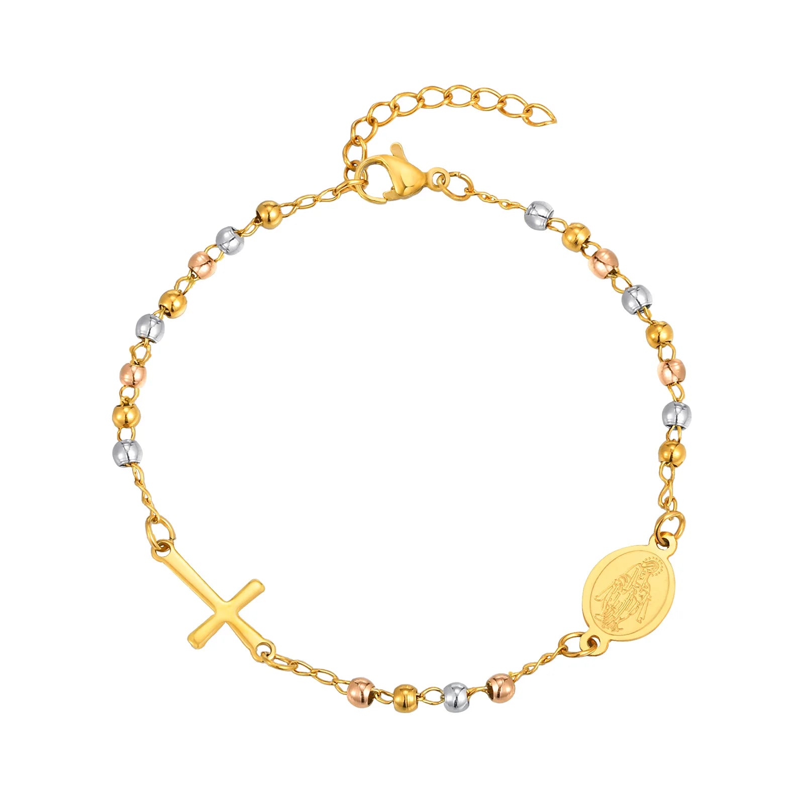 Divine Devotion: Rosary Bracelet with Virgin Mary & Cross – Stainless Steel