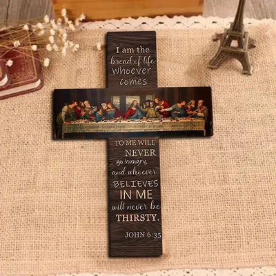 Wooden Sign Cross Wall Art Plaque - Bread Of Life Last Supper Scene