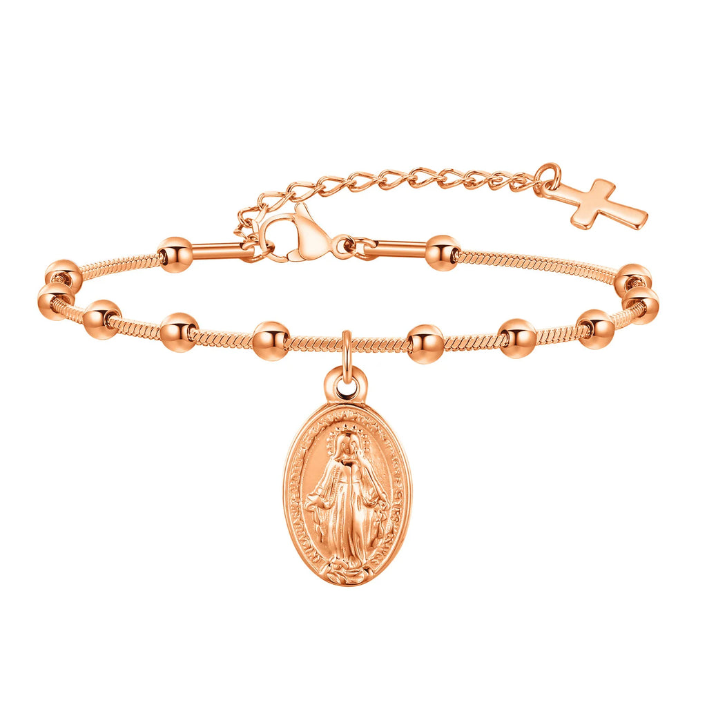 Devotional Elegance: Virgin Mary & Cross Prayer Bracelet – Stainless Steel