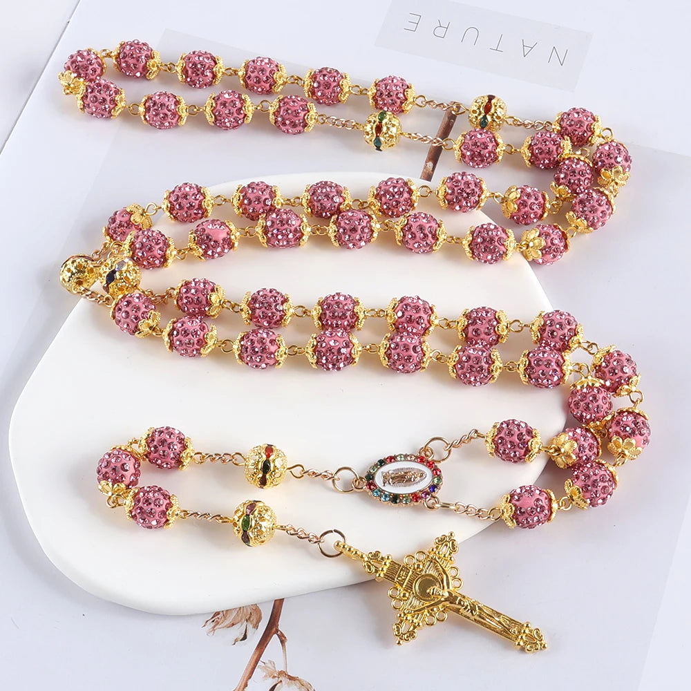 Pink crystal rhinestone Catholic rosary necklace with gold Virgin Mary medal and crucifix – full 59-bead five-decade rosary